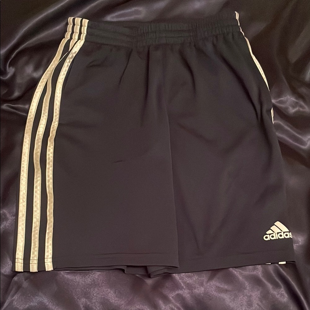 Adidas Blue Shorts with White Stripes. Size Large. Reg fit. 2 pocket.